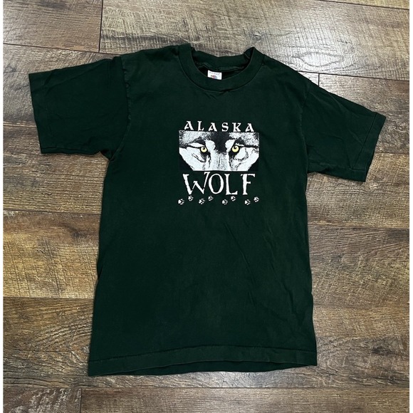 The Unbranded Brand Other - Vintage 90s Alaska Wolf Graphic Tee Single‎ Stitch Shirt Green Youth Large USA
